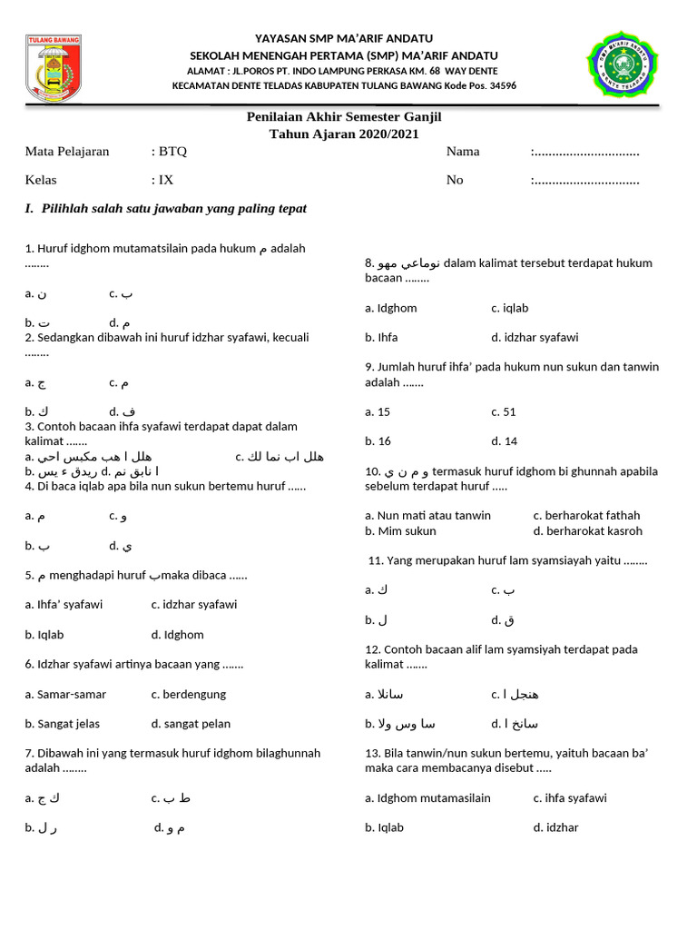 Pas BTQ Kelas 9 PDF Pas BTQ Kelas 9 PDF