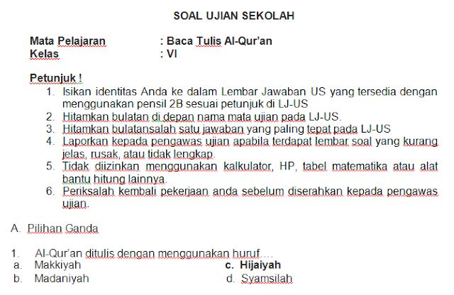 SOAL UJIAN SEKOLAH US UAS BTQ KELAS 6 SD MI Sekolah Ilmu sosial