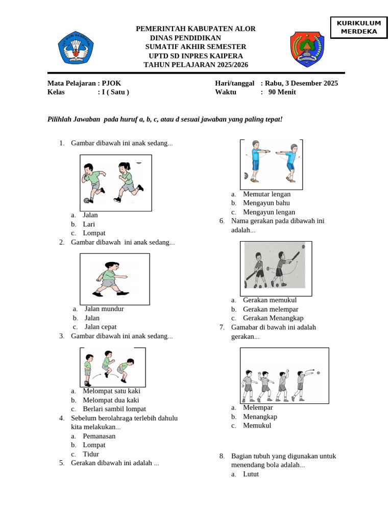 Soal PJOK Kelas I Semester 2025 2026 PDF