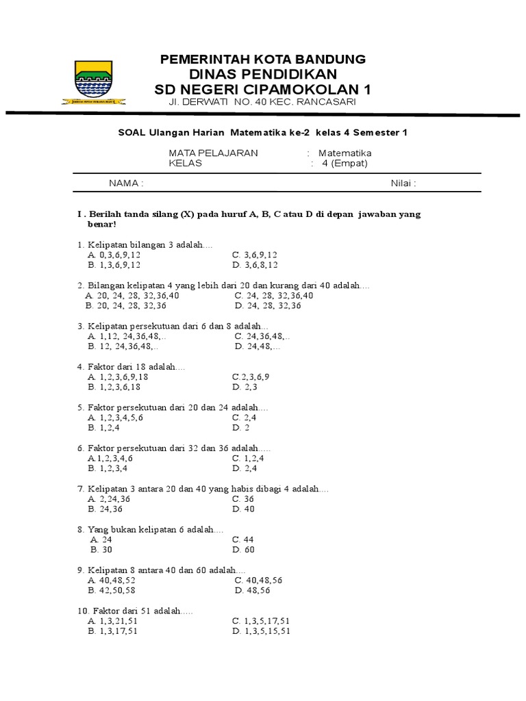 Soal Uts Matematika Kelas 4 Semester 1 Dalchaebi