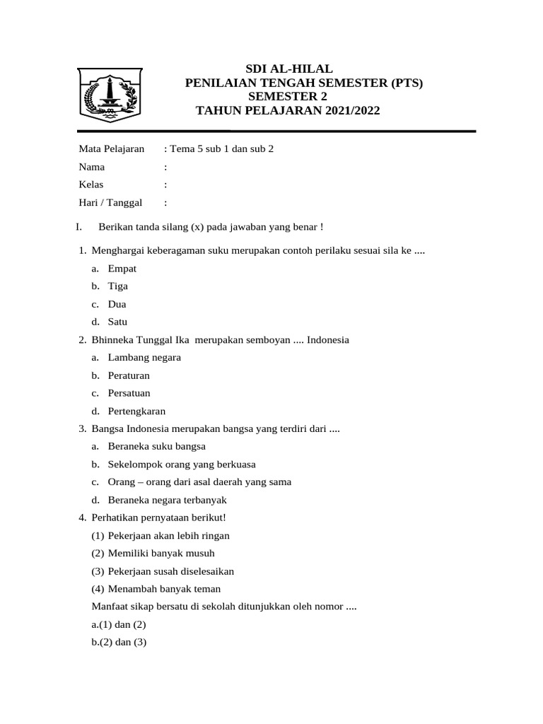 PTS Tema 5 Kelas 2 SD Al-Hilal PDF