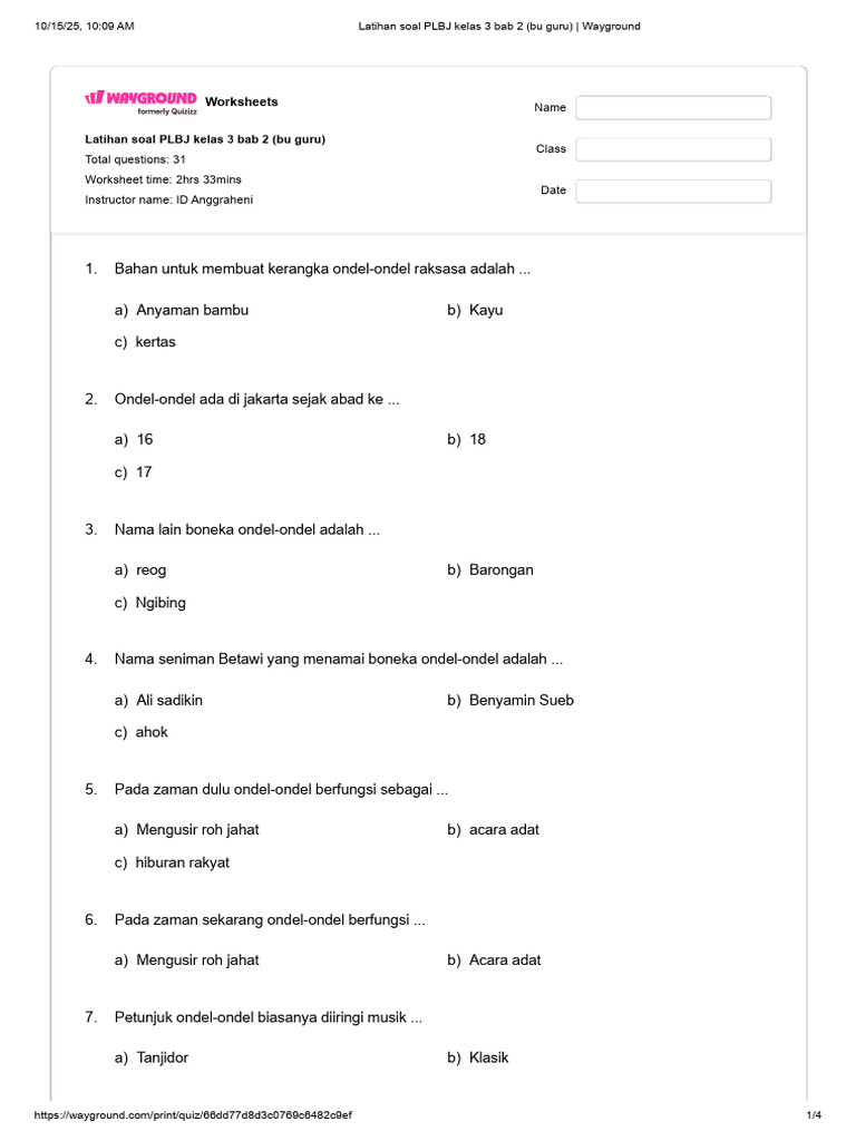 Latihan Soal PLBJ Kelas 3 Bab 2 Bu Guru - Wayground PDF