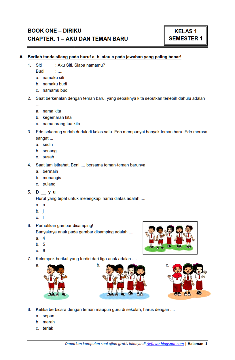 10 Contoh Soal Mid Semester 2 Kelas 1 SD Kurikulum 2013 yang Wajib Dilatihkan agar Anak Siap Ujian