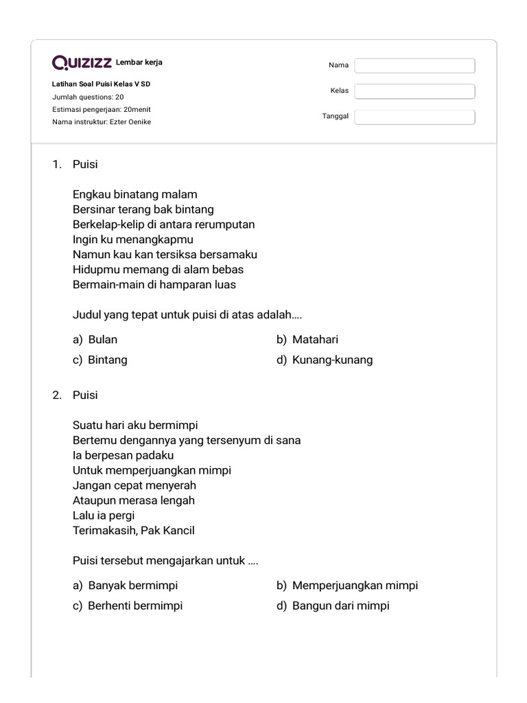 7 Cara Cepat Kuasai Contoh Soal Teks Puisi Kelas 5 SD Semester 2 Sebelum Ujian 7 Cara Cepat Kuasai Contoh Soal Teks Puisi Kelas 5 SD Semester 2 Sebelum Ujian