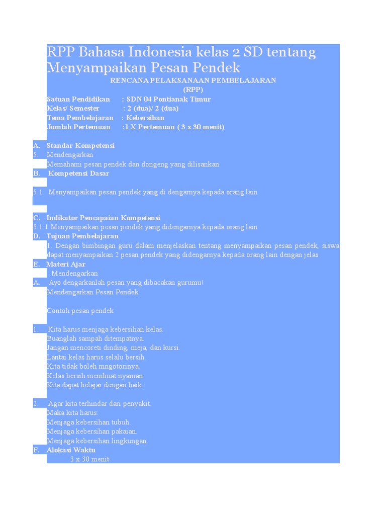 RPP Bahasa Indonesia Kelas 2 SD Tentang Menyampaikan Pesan Pendek PDF RPP Bahasa Indonesia Kelas 2 SD Tentang Menyampaikan Pesan Pendek PDF