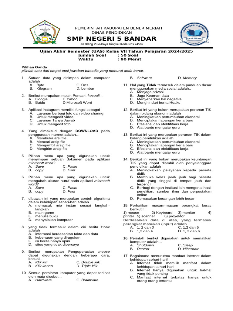 7 Contoh Soal Teknologi Informasi dan Komunikasi Semester 2 Kelas 7 Bantu Lulus Akhirnya 7 Contoh Soal Teknologi Informasi dan Komunikasi Semester 2 Kelas 7 Bantu Lulus Akhirnya
