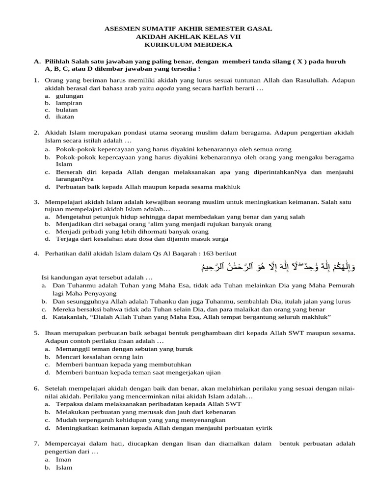 7 Contoh Soal tentang Akidah Islam Kelas 7 Semesterr 1 Wajib Kuasai Sebelum Ujian 7 Contoh Soal tentang Akidah Islam Kelas 7 Semesterr 1 Wajib Kuasai Sebelum Ujian