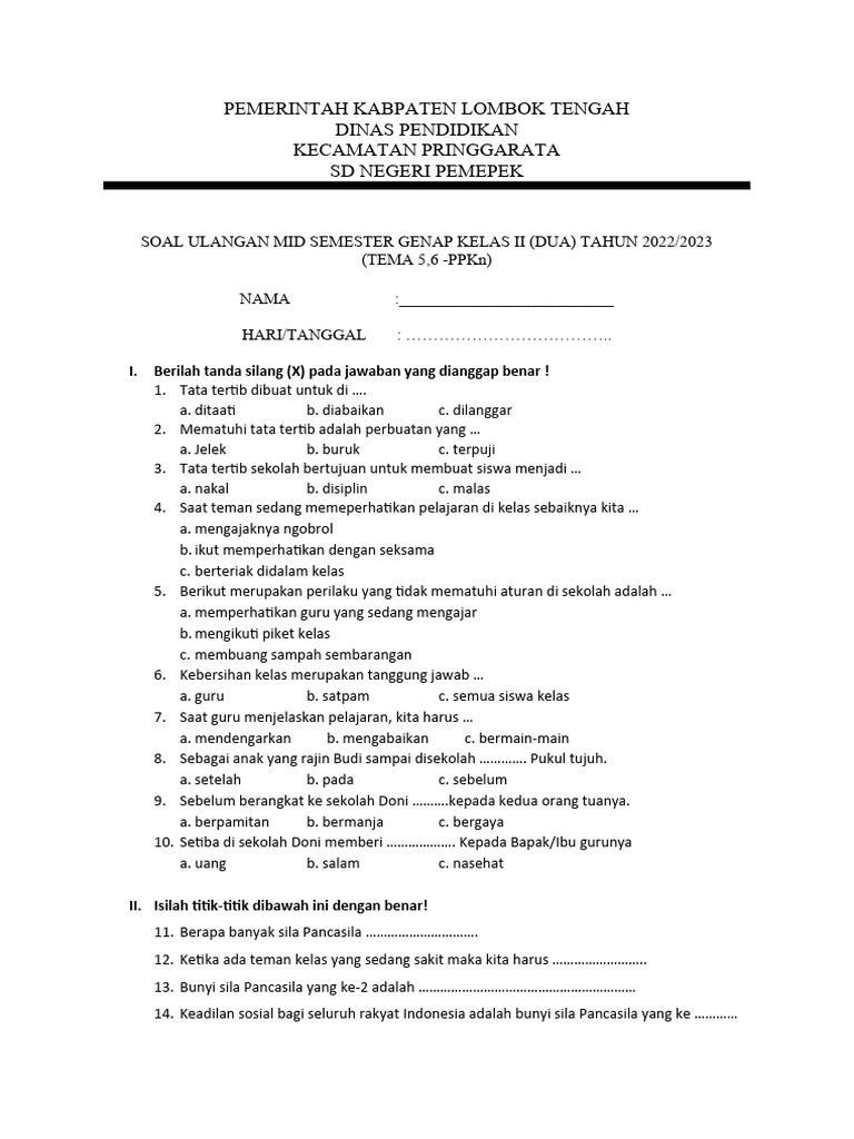 Soal Ulangan Mid Semester Kelas II PDF Seni Disiplin Bahasa Soal Ulangan Mid Semester Kelas II PDF Seni Disiplin Bahasa