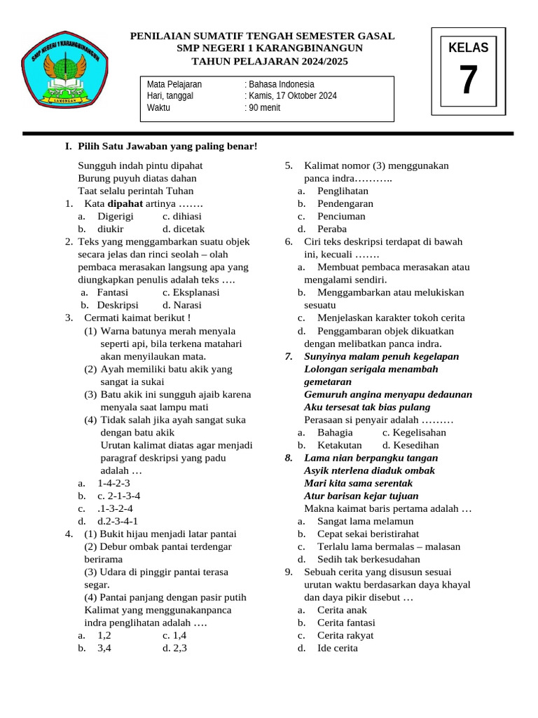 Wajib Tahu Bocoran Soal Bahasa Indonesia SMP Kelas 7 Semester 1 Kurikulum 2013 Terbaru Wajib Tahu Bocoran Soal Bahasa Indonesia SMP Kelas 7 Semester 1 Kurikulum 2013 Terbaru